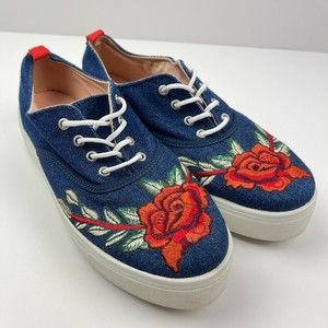 Topshop Women's College Floral Rose Embroidered Platform Denim Sneakers Size 39